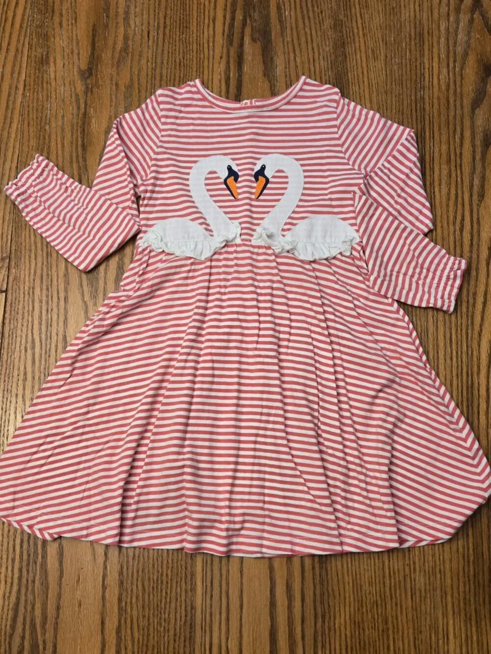 Mini Boden Swan Dress - Size 7-8 - Pink striped with ruffled neckline - Girls.